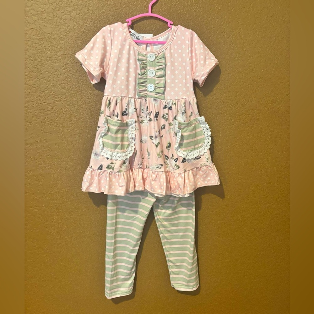 Pink Polka Dot and Floral Top with Striped Leggings